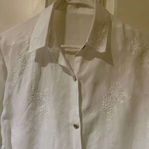 White Embroidered Button-Front Linen Blouse